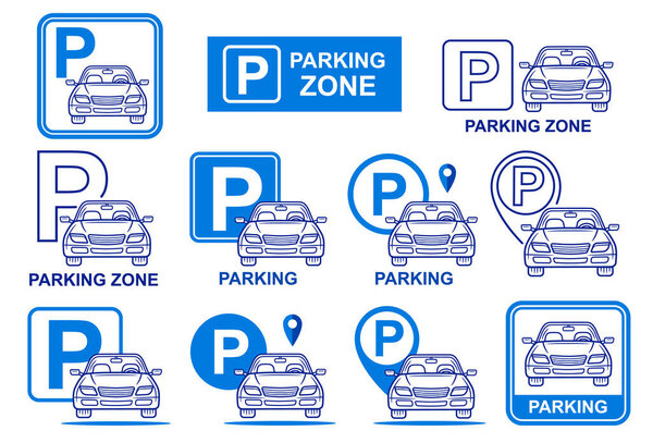 Car parking zone, road auto transport park lot space allowed line icon set. Street transportation stop place station. Traffic sign. City automobile garage. GPS navigation location travel map pin pointer. Urban vehicle sharing service. Vector