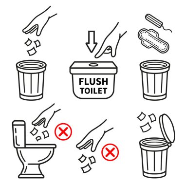 Tuvalet çöpü, geri dönüşüm çöpü, tuvalet kâsesine kağıt mendil atmayın, tuvaletteki sifonu çekmeyin. Çöp tenekesi. Umumi tuvalette çöp yok. Temizlik için düğmeye bas. Çöp kovası. Çöp öğütücü konteynır. Vektör