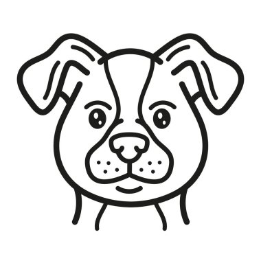 Şirin köpek kafası, köpek suratlı portre ikonu. Genç teriyer, rottweiler ya da labrador cinsi ağızlık. Komik köpek yavrusu arkadaş çizgi film karakteri. Evcil hayvan bakımı. Köpek maması, veteriner dükkanı, veteriner kliniği, eğitim, tımar sembolü. Taslak vektör