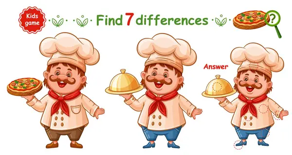 Sevimli aşçı, aşçı, yemek şefi, pizza tepsisi, yedi farklı eğitimli çocuk bulmacası eşleştirme oyunu. Restoran garsonu, aşçı şapkalı fırıncı karakter. Resmi karşılaştır. Çocuk anaokulu mantığı öğrenme faaliyet programı. Vektör