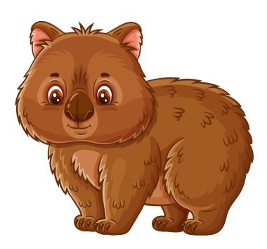 Şirin wombat ayısı Avustralya Tazmanya vahşi hayvanı. Komik bebek vombatus keseli otobur memeli çizgi film karakteri. Avustralyalı sevimli kemirgen. Yeni Zelanda fauna maskotu. Tropikal orman ormanlarından kahverengi kürklü küçük egzotik bir yaratık. Vektör çizimi