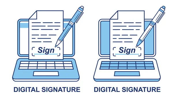 Digital electronic signature, online business document paper hand signing line icon. E-signature writing with stylus pen on computer laptop device screen. Legal agreement, contract text page. Internet security, web person handwriting identity. Vector