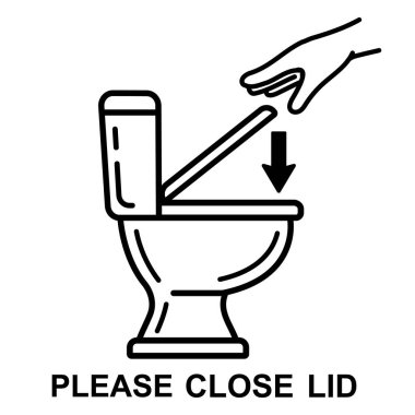 Close toilet lid before flushing water in public WC restroom line icon. Washroom sanitation. Put lavatory bowl cover down after use for hygiene sanitary wash cleaning. Prevention dirt, infection from open closet pan in bathroom. Warning sign. Vector