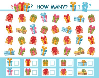 Kaç tane bayram hediyesi kutusu var? Çocukların matematik eğitimi bulmaca oyunu. Bulun eşleşmeyi, matematik hesaplama numarası karton karton süpriz paketleme ve kurdele süslemesi. Çocuk anaokulu matematiksel olarak mantıklı çalışma tablosu öğreniyor. Vektör