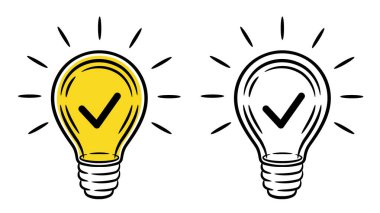 İşaretli ampul, yaratıcı fikir, başarı çözümleme işareti, hızlı ihbar çizgisi simgesi. Keneli elektrik ampulü lambası onaylandı. İyi seçim, olumlu doğrulama. Sınavı biliyor muydun? Önemli bir gerçek, yeni icat bilgisi. Taslak vektör