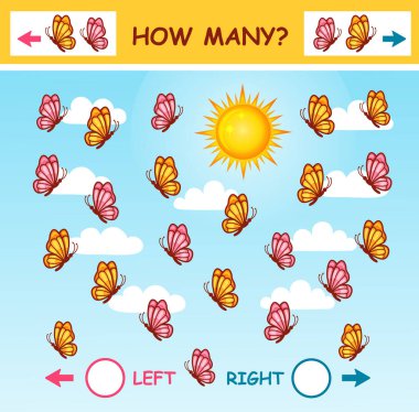 Kaç tane kelebek böceği sola, sağa doğru uçuyor, matematik çocukları için eğitim bulmacası oyunu. Çocuklar mekansal oryantasyon öğreniyor. Matematik sayılı güzel güveler böcek hayvanlar sayar. Okul öncesi temel matematiksel aktivite çalışma tablosu. Vektör