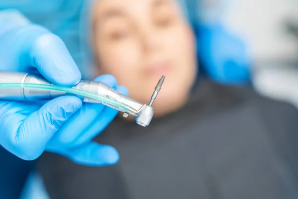 Closeup Photo Dental Implant Dentist Hands Female Patient Dental Chair — Stock Photo, Image