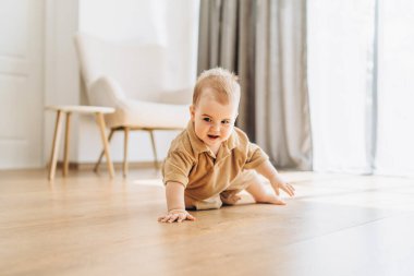 Bir bebek aktif olarak bir odanın zemininde sürünüyor. Oda, çeşitli mobilya ve oyuncaklarla iyi ışıklandırılmış ve geniş görünüyor. Bebek hareketleri, bölgede gezinirken meraklı ve araştırmacıdır..