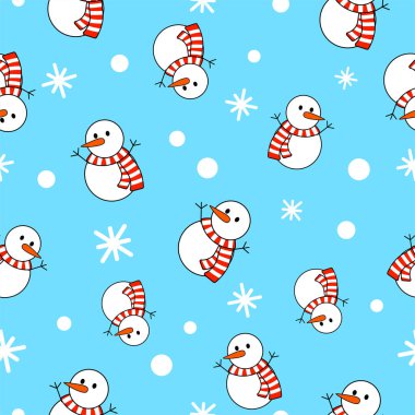 Kardan adam çizgi filmi desenleri ambalaj kağıdı, duvar kağıdı, poster için kusursuz. Vektör illüstrasyonu