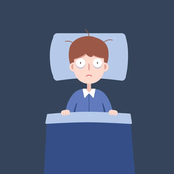 ベッドの上の男眠ることができない 不眠症と睡眠不足 ベクターイラスト — ストックベクタ