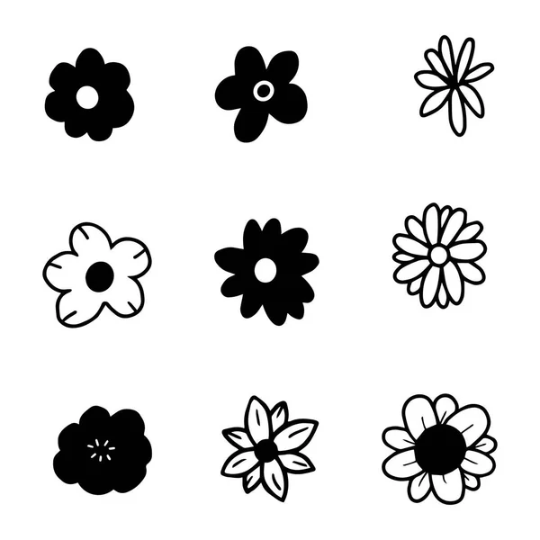 Element ve dekorasyon için çizilmiş çiçek el seti. Vektör illüstrasyonu