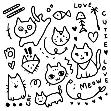 Kart, davetiye, pankart, süs, selamlaşma için kedi karalama el yazısı, kedi sever. Vektör illüstrasyonu