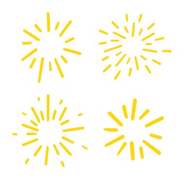 Parıldayan yıldız seti ve el yapımı yıldız patlaması. Doodle tarzı. Vektör illüstrasyonu.