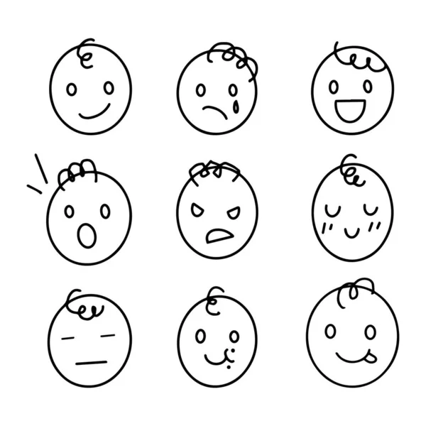 Zestaw Kolistych Wyrazów Twarzy Doodle Strony Narysowane Zarysem Uczucie Emocji — Wektor stockowy