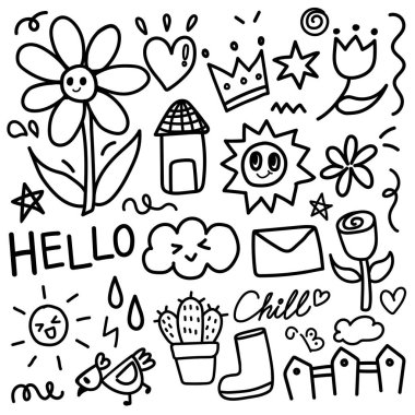 Karalama el çizimi. Yıldız elementleri, kaktüs, bulut, güneş, kelime, tavuk vs. Vektör illüstrasyonu