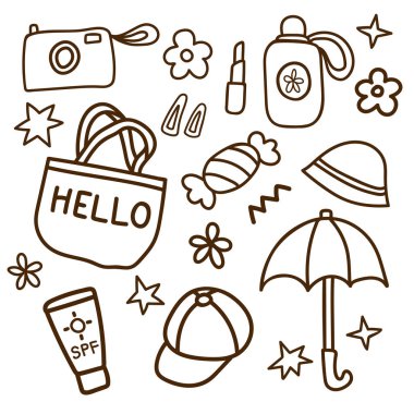 Öge ve illüstrasyon için seyahat eden el çizimi seti