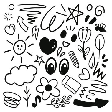 Karalama el çizimi. Yıldız elementleri, arı, bulut, güneş, göz, kelime, çiçek vs. Vektör illüstrasyonu beyaz arkaplanda izole edildi