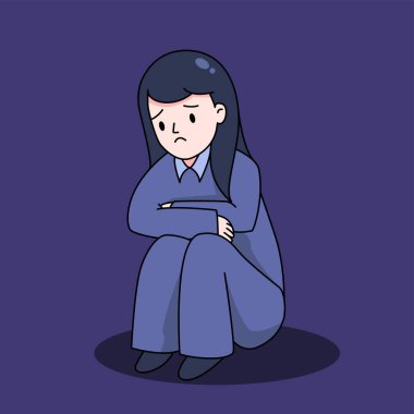 Çökmüş bir kadın yerde oturuyor ve dizlerine sarılıyor. Akıl sağlığı, endişe, yalnızlık ve üzüntü. 