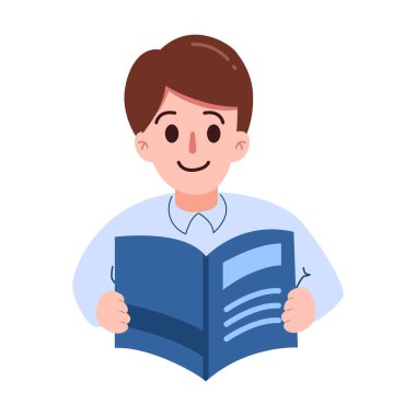 Erkek ya da çocuk kitap okuyor ve illüstrasyon için gömlek giyiyor.