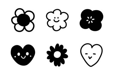 Kara kalp ve çiçek soyut siyah ve beyaz elle çizilmiş