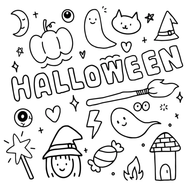 stock vector Halloween cute doodle hand drawn for illustration, cartoon. Witch, cat, moon, pumpkin, ghost, star