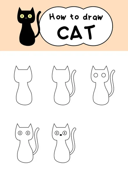 Comment Dessiner Chat Noir Étape Par Étape Pour Éducation Caricature — Image vectorielle
