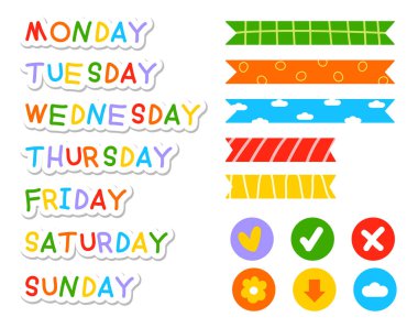 Günlük planlayıcı, öge, anımsatıcı, not, gün, bant için renkli etiketler