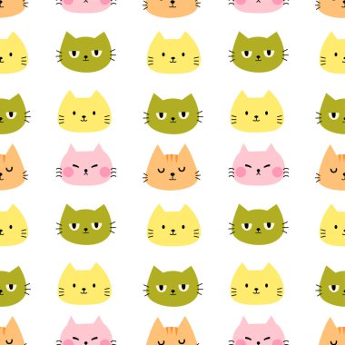 Çizim, duvar kağıdı, not, poster, arkaplan için sevimli kedi yüzlü, pürüzsüz desenli arkaplan