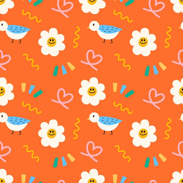 Bird Flower Doodle Cartoon Seamless Pattern Background Wrapping Wallpaper Note — Stock Vector