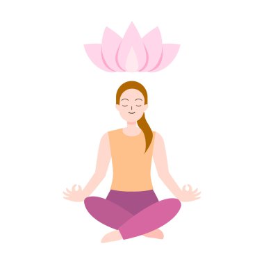 Kadın ya da kız meditasyon ya da yoga yapıyor. İllüstrasyon için farkındalık ve zihinsel sağlık kavramı
