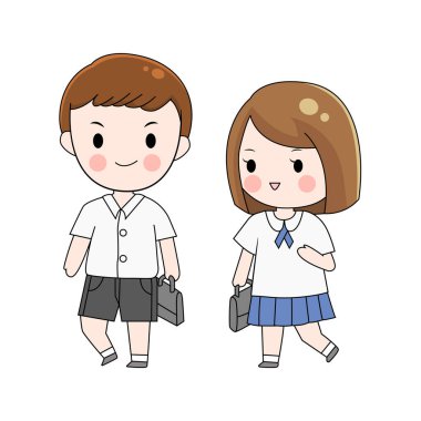 Taylandlı öğrenci üniforması. Taylandlı çocuk ve Taylandlı kız çizgi filmi. Karakter tasarımı