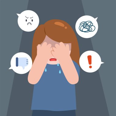 Diğer insanların nefret söylemlerinden bunalmış bir kız. Depresyon, üzüntü ve zihinsel sağlık konsepti