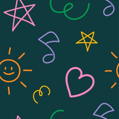 Güneş, yıldız, kalp ve müzik soyut el, ambalaj, duvar kağıdı, fon için kusursuz desen arkaplanı çizer
