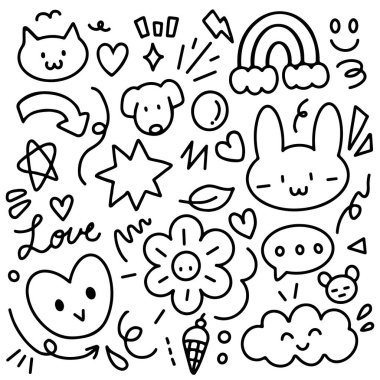 Siyah çizgili karalama el. Kedi, köpek, bulut, kalp, pırıltı, tavşan, ayı, çiçek, ok için element