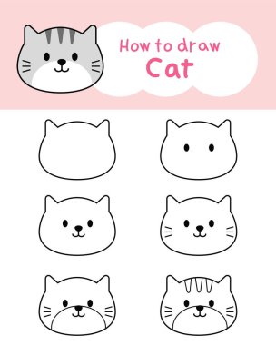 Öğrenme, çocuk, eğitim, boyama kitabı için adım adım şirin gri kedi çizgi filmlerinin nasıl çizileceğini. Vektör illüstrasyonu