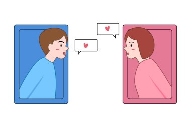 Uzun mesafeli ilişki ve online flört kavramı. Kadın ve erkek cep telefonuyla konuşuyor. Romantik bir an. Çift illüstrasyonu