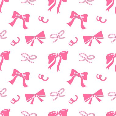 Kurdele ve yay, paketleme, kutlama, illüstrasyon, hediye ve sevgililer günü için kusursuz desenli arka plan çizmiş. Doodle tarzı