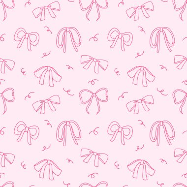 Çeşitli kurdele ve yay el kaplama, duvar kağıdı, arka plan, hediye ve sevgililer günü kartı için kusursuz desenli arka plan. Doodle tarzı