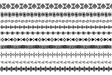 Siyah ve beyazlı geleneksel etnik semboller. El çizimi karalama stili. Element, baskı ve giysi için geometrik şekiller
