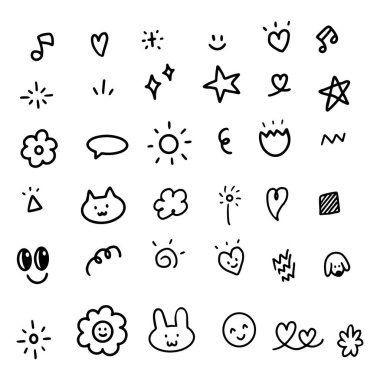 El çizimi. Hayvan elementi, yıldız, pırıltı, kalp ve müzik. İllüstrasyon için hoş bir şey. Siyah ve beyaz özet