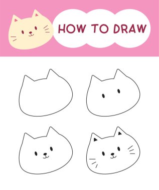 Öğrenme, çocuk, eğitim ve boyama kitabı için kedi suratlı çizgi film nasıl adım adım çizilir. Vektör illüstrasyonu