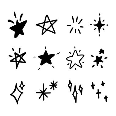 Çeşitli yıldız ve ışıltılı karalama el element ve illüstrasyon için siyah beyaz çizildi