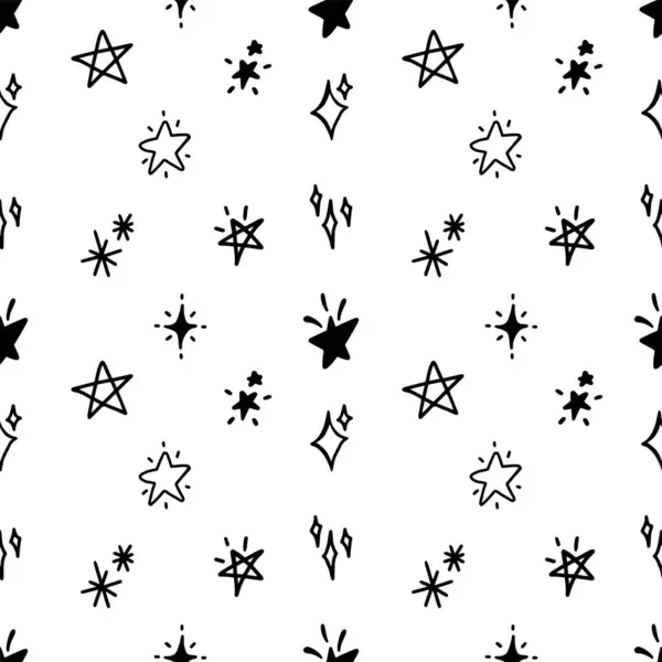 Çeşitli yıldız ve ışıltılı karalama el sarma ve duvar kağıdı için siyah ve beyaz desensiz arkaplan