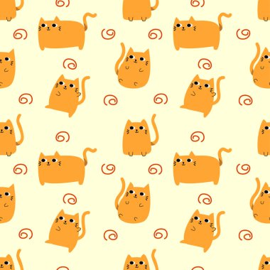 Sevimli turuncu kedi çizgi film karakteri tasarımı paketleme, evcil hayvan ve duvar kağıdı için pürüzsüz desen arkaplanı