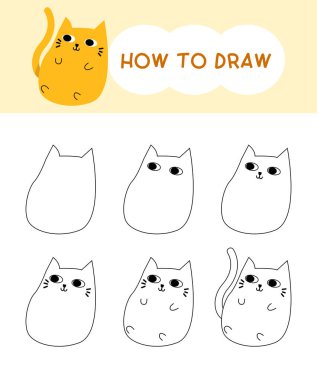 Öğrenmek, çocuk, eğitim, boyama kitabı için adım adım kedi çizgi film çizmeyi. Vektör illüstrasyonu