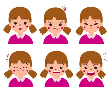 Küçük kız ya da çocuk yüz ifadesi karakteri. Mutluluk, öfke, gülümseme, şok, korku, illüstrasyon ve eğitim sevinci