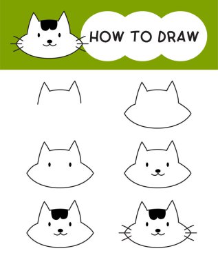 Öğrenmek, çocuk, eğitim, boyama kitabı için adım adım kedi yüzü çizmeyi. Vektör illüstrasyonu