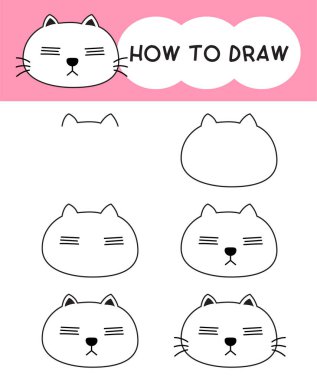 Öğrenmek, çocuk, eğitim, boyama kitabı için adım adım kedi yüzü çizmeyi. Vektör illüstrasyonu