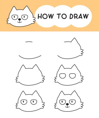 Öğrenmek, çocuk, eğitim, boyama kitabı için adım adım kedi yüzü çizmeyi. Vektör illüstrasyonu