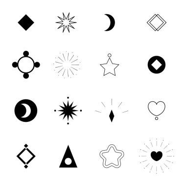 Soyut grafik, siyah ve beyaz. Yıldız elementi, parıltı ve kalp öngörü, astroloji, ikon ve resimleme için